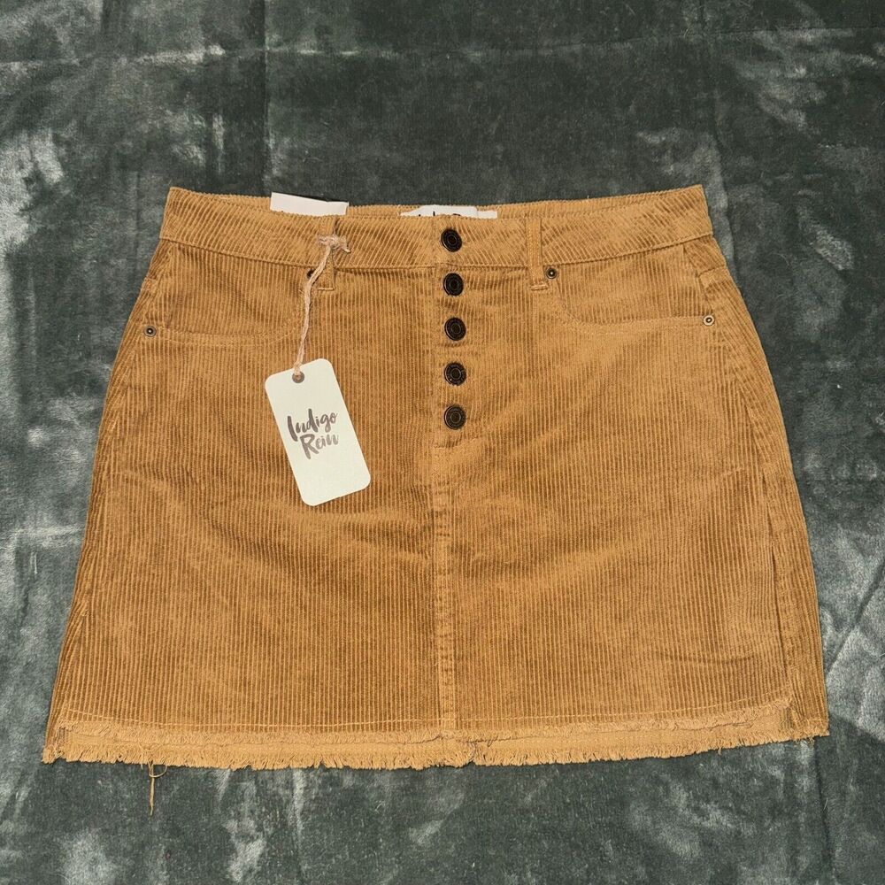 Indigo Rein Skirt Womens 9 Beige Corduroy Mid Rise Classic Frayed Hem Button Fly